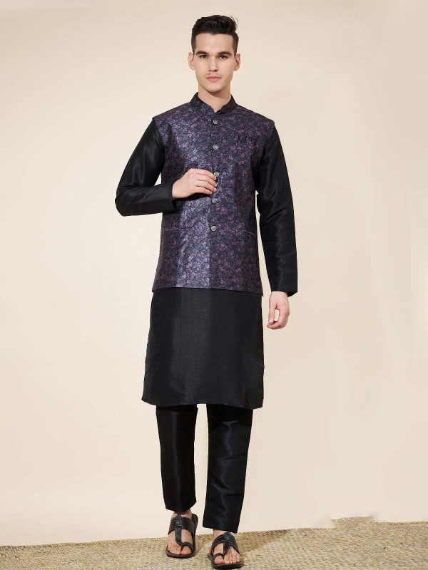 Black Pure Silk Readymade Kurta Pajama With Jacket